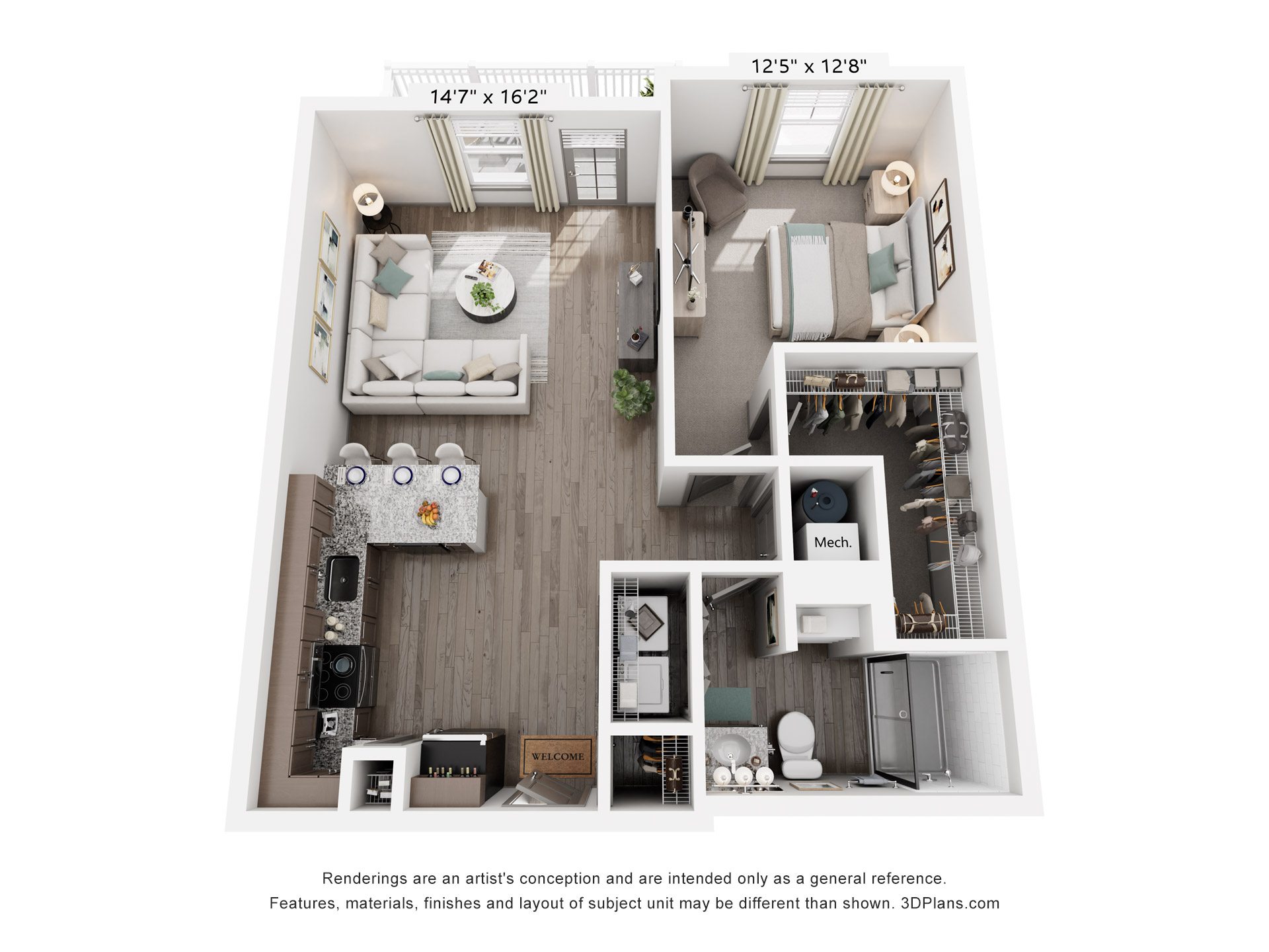 Floor plan for 1 bed, 1 bath, 869 sqft